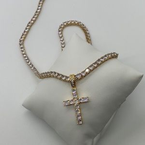 Gold Plated Tennis Chain With Cross Pendant